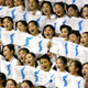 North Korean women hold unified flags at the Daegu Universiade Game in Daegu, South Korea, in 2003.